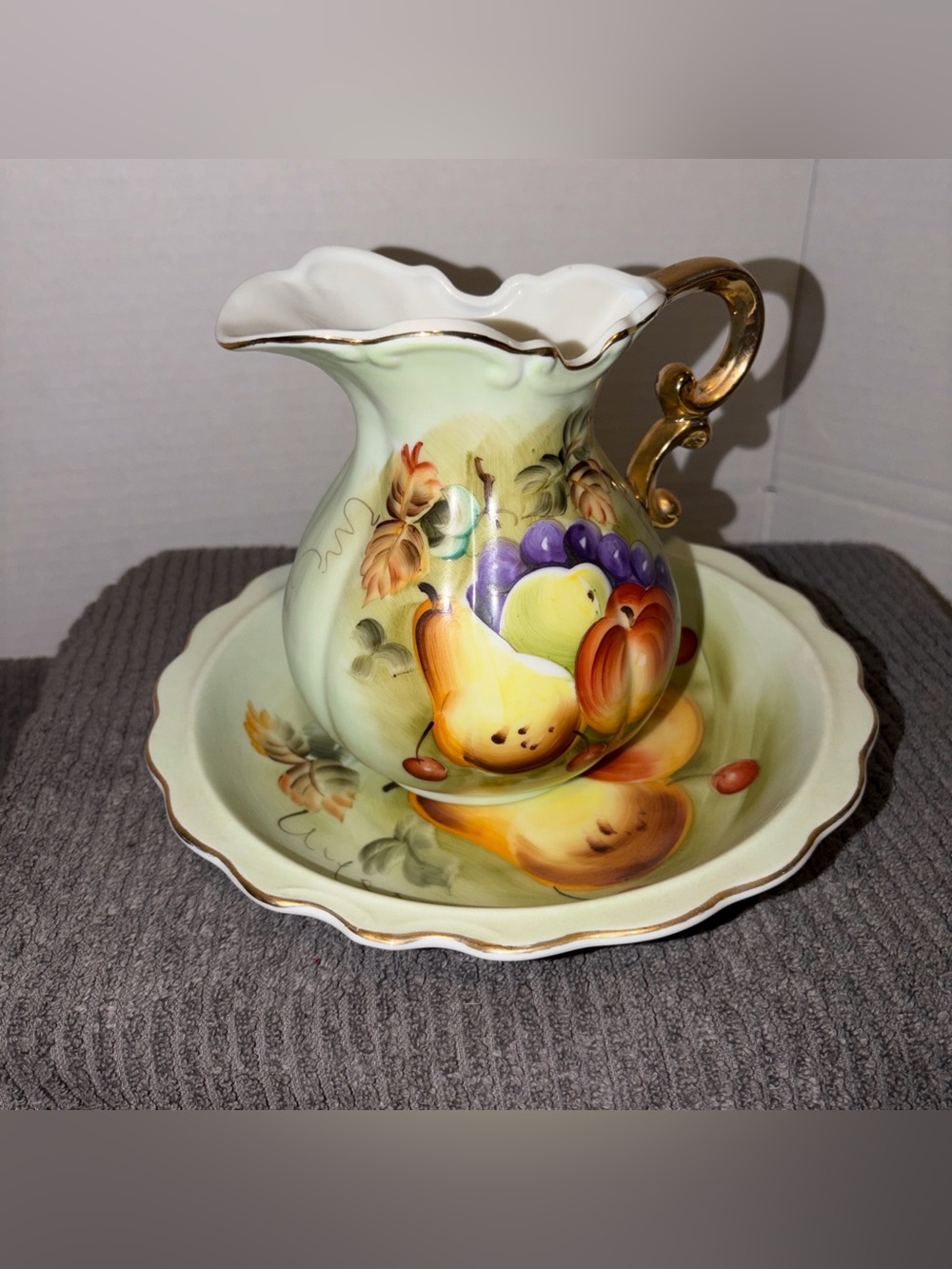 Vintage Lefton China Fruit Plate/Bowl Set Handpainted Gold Handle Trim 6279
